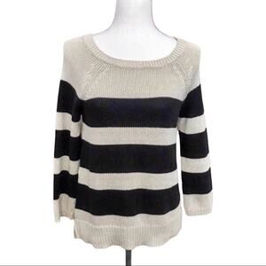 Ann Taylor Beige & Black Sweater Cozy Oversized Cotton Loose Knit Stripes